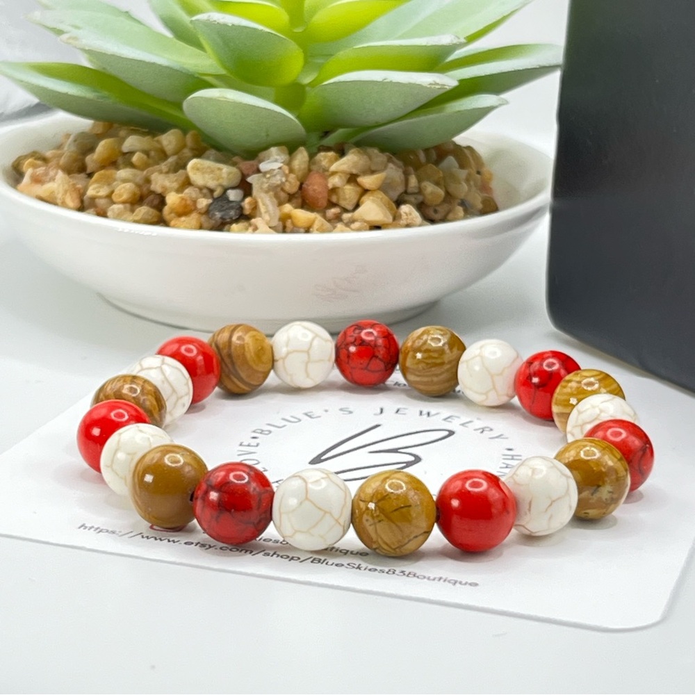 Red and white Turquoise and Woodgrain Jasper  Men’s Beaded Bracelet